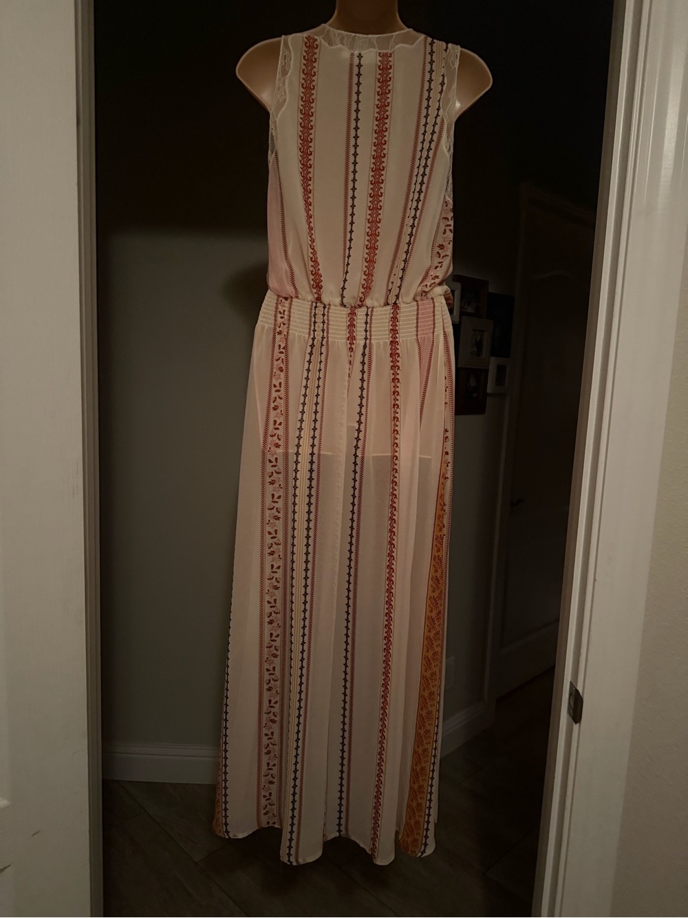 ASTR The Label Sheer Lace Trim Flowing Boho Striped Maxi Dress Size M - Picture 8 of 14